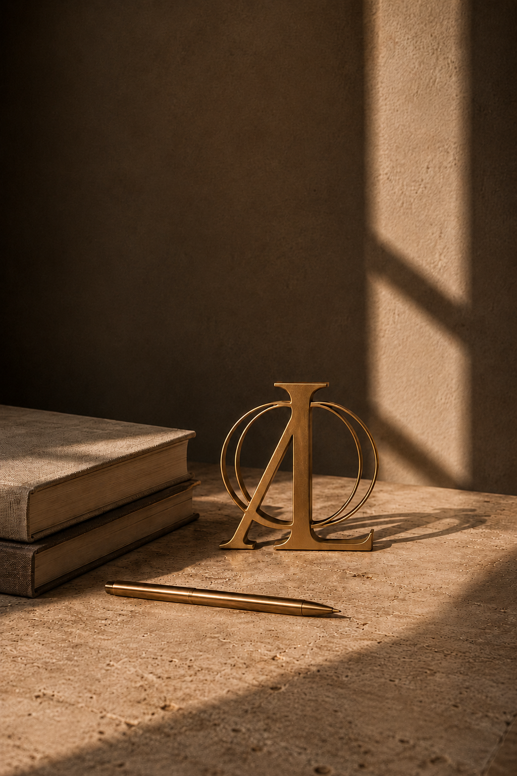 Monograma dourado da Aloise em composição editorial com livros