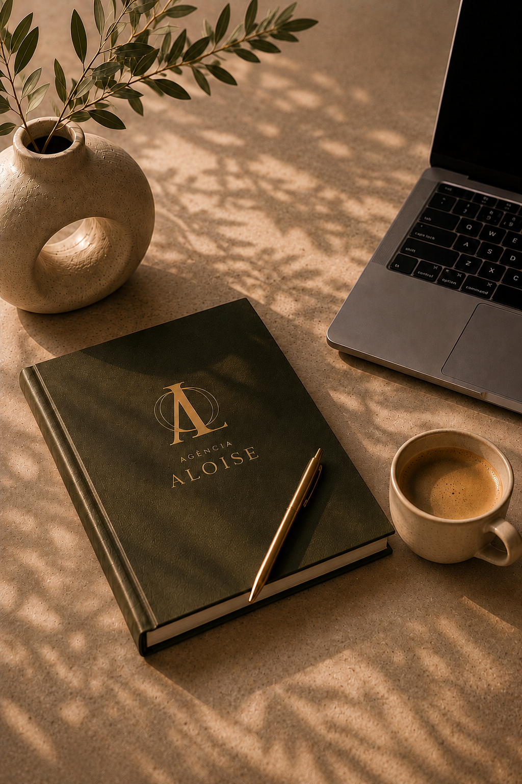 Caderno Agência Aloise com caneta dourada, vaso de cerâmica com ramo de oliveira e café — atmosfera editorial